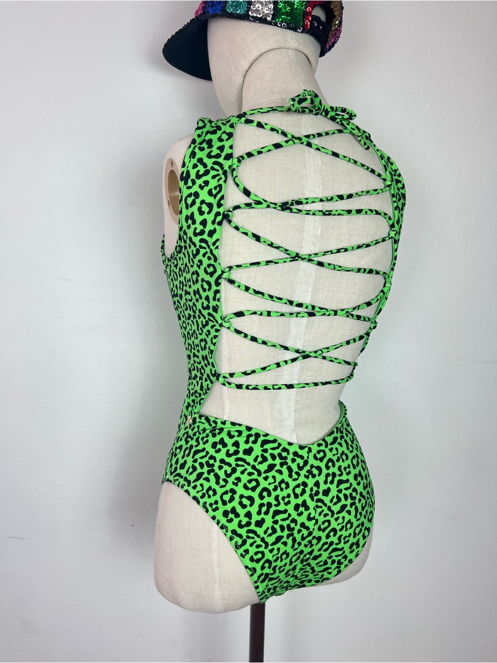 BuffBunny Collection Neon Green Leopard Lace-Back Swimsuit Bodysuit S
